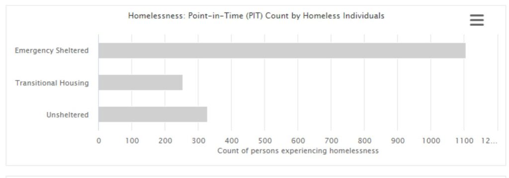 A bar graph is displayed showing the point in time count of homeless broken down by individuals into three categories- "Emergency Sheltered", "Transitional Housing" and "Unsheltered"